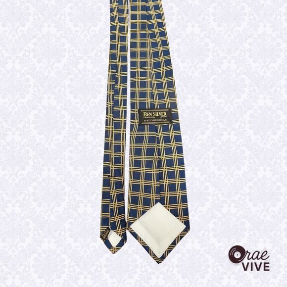 Ben Silver Charleston London Vintage 100% Silk Handmade Tie Blue Gold Plaid - Picture 4 of 5